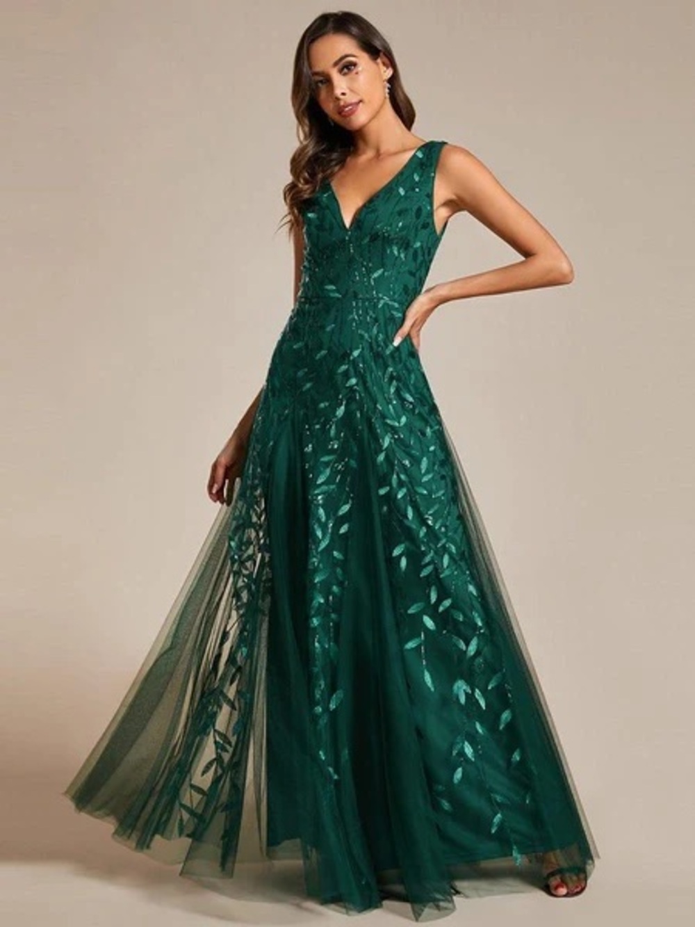 Ever Pretty Green A Line V Neck Sleeveless Sequined Formal Evening Dress